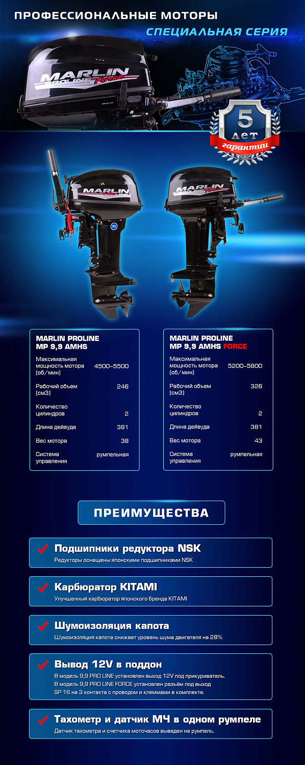 Лодочный мотор MARLIN PROLINE MP 9.9 (20) AMHS FORCE в Новочебоксарске